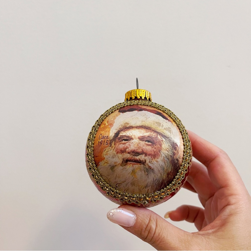 Santa Claus Printed on Silk Red Glass Ornament